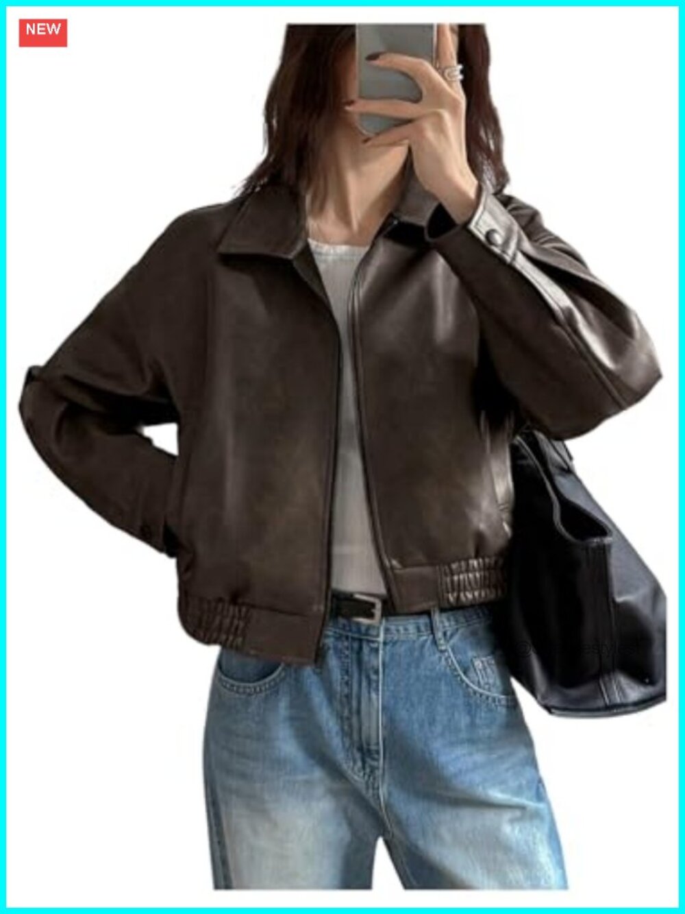 Faux Leather Zip Up Jacket Oversized Bomber Cropped Coat